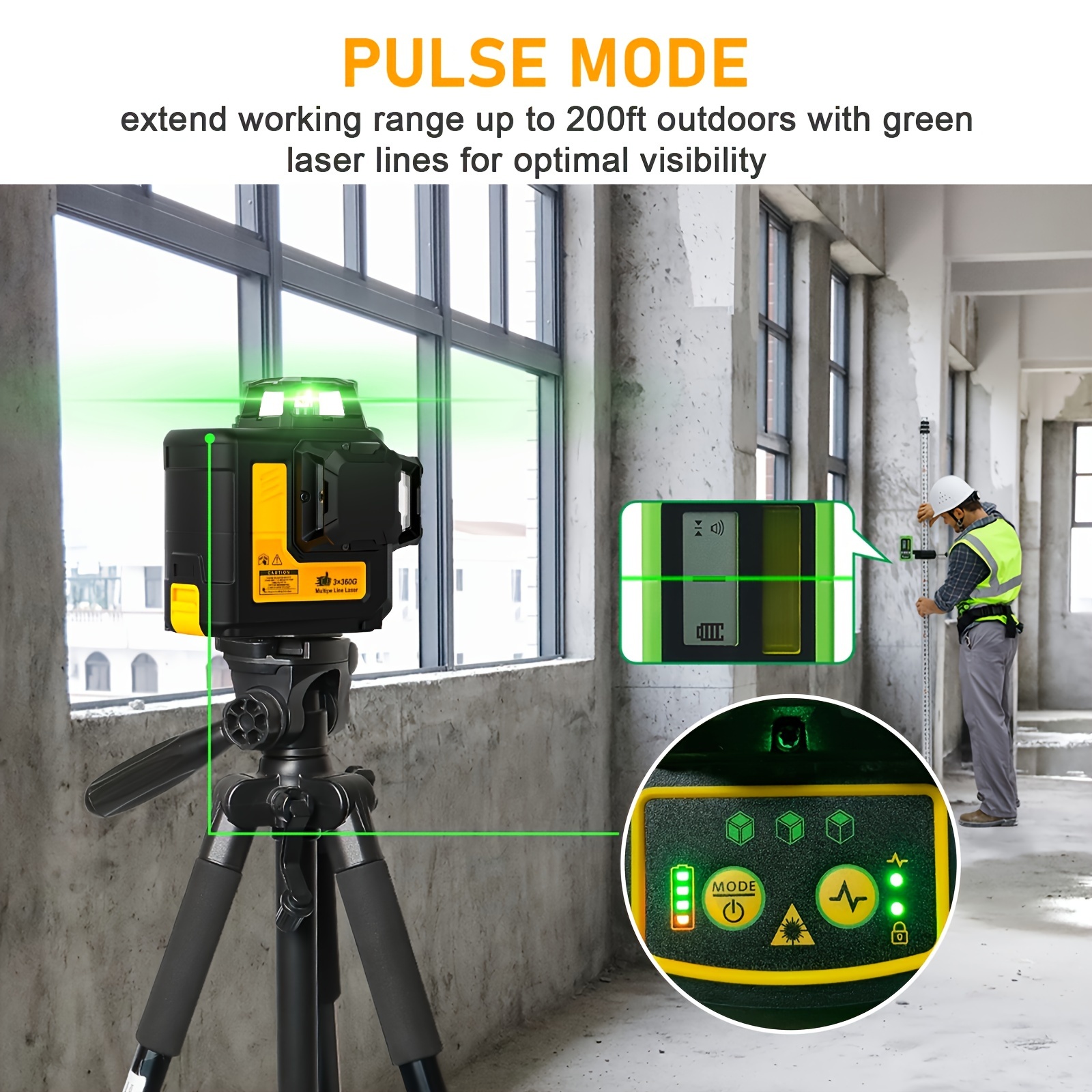 Self-Leveling Laser Level Tool - 3x360 Line Lasers, 12 Green Beam Lines, Rechargeable Leveler with Manual & Pulse Mode, 360 Magnetic Base - Image 8