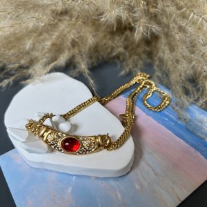 Vintage Women's Copper Chain Necklace with Colorful Gem Glass Accents