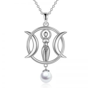Triple Moon Goddess Amulet Necklace - Wizard Pendant with Shell Pearl for Women