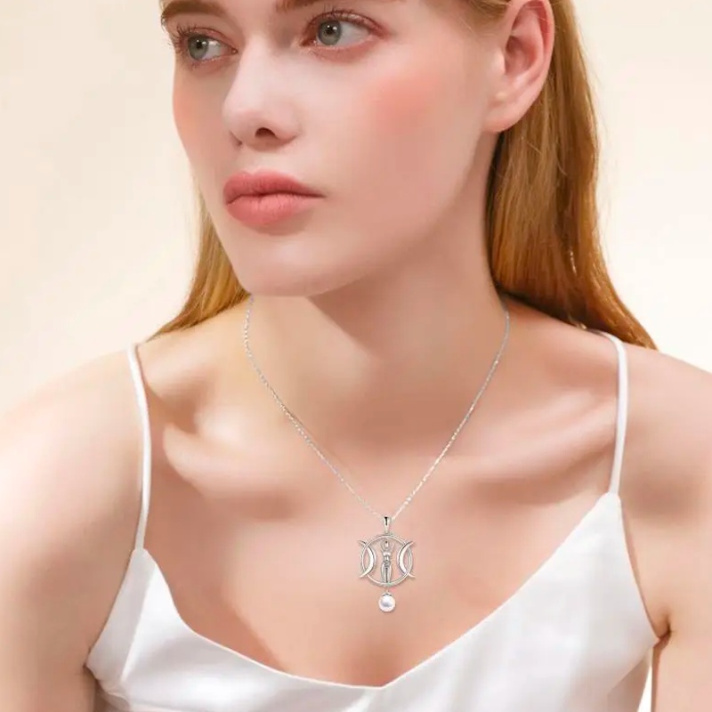 Triple Moon Goddess Amulet Necklace - Wizard Pendant with Shell Pearl for Women - Image 4