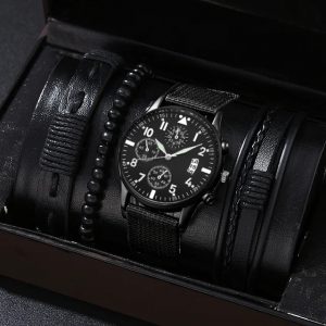 Single Calendar Faux Three-Eye Canvas Quartz Watch with PU Bracelet Set