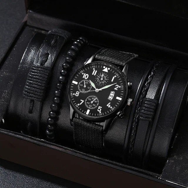 Single Calendar Faux Three-Eye Canvas Quartz Watch with PU Bracelet Set