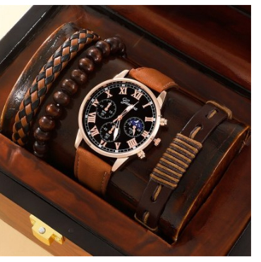 Single Calendar Faux Three-Eye Canvas Quartz Watch with PU Bracelet Set - Image 6