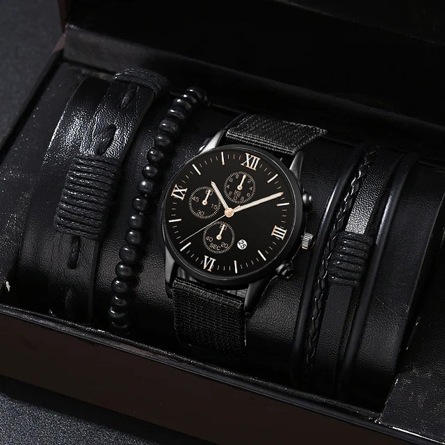 Single Calendar Faux Three-Eye Canvas Quartz Watch with PU Bracelet Set - Image 9