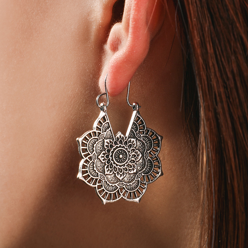 Vintage Ethnic Metal Openwork Floral Earrings - Unique Flower Design - Image 2