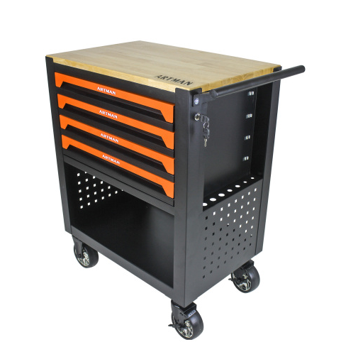 4-Drawer Multifunctional Tool Cart with Wheels & Wooden Top - Orange
