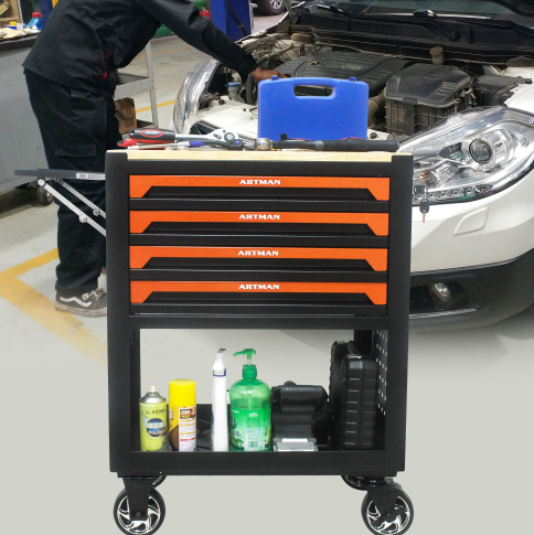 4-Drawer Multifunctional Tool Cart with Wheels & Wooden Top - Orange - Image 3