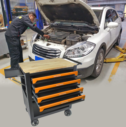 4-Drawer Multifunctional Tool Cart with Wheels & Wooden Top - Orange - Image 6