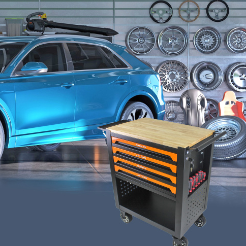 4-Drawer Multifunctional Tool Cart with Wheels & Wooden Top - Orange - Image 7