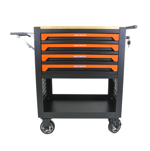 4-Drawer Multifunctional Tool Cart with Wheels & Wooden Top - Orange - Image 8