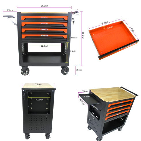 4-Drawer Multifunctional Tool Cart with Wheels & Wooden Top - Orange - Image 10