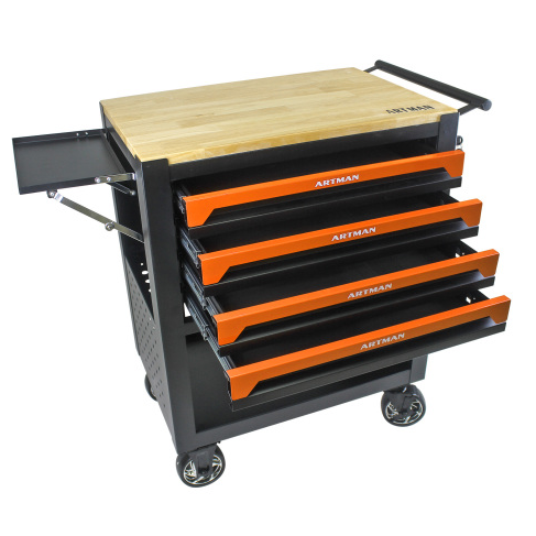 4-Drawer Multifunctional Tool Cart with Wheels & Wooden Top - Orange - Image 11