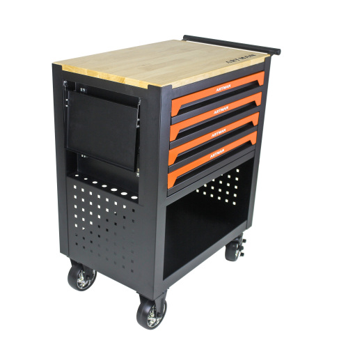 4-Drawer Multifunctional Tool Cart with Wheels & Wooden Top - Orange - Image 12