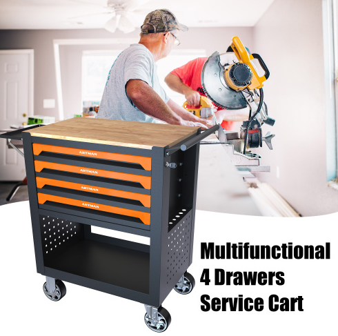 4-Drawer Multifunctional Tool Cart with Wheels & Wooden Top - Orange - Image 14