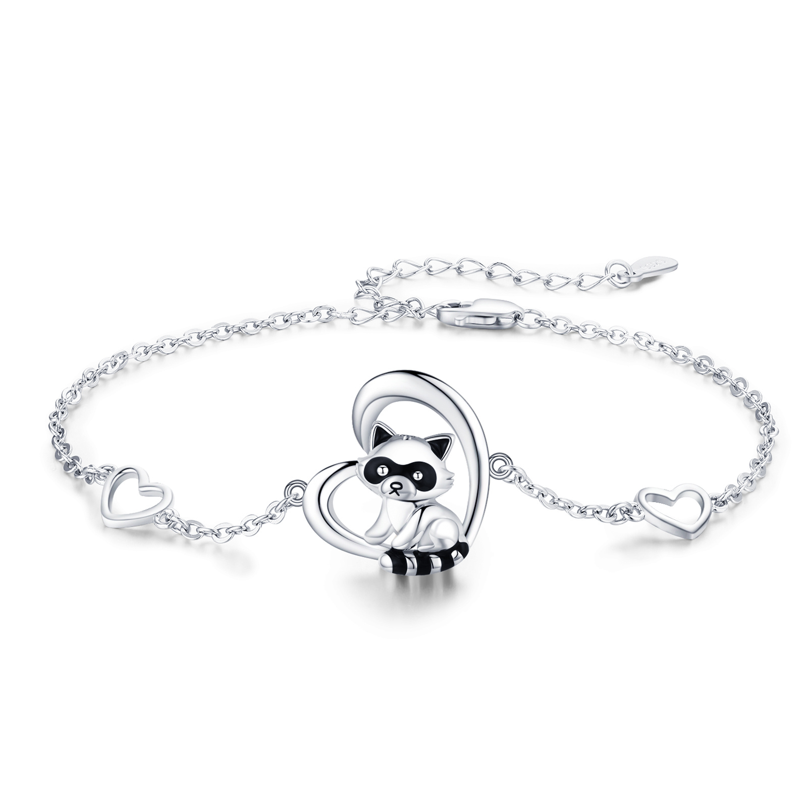 925 Sterling Silver Heart Charm Raccoon Bracelet - Perfect Animal Jewelry Gift for Women, Girls, and Teens