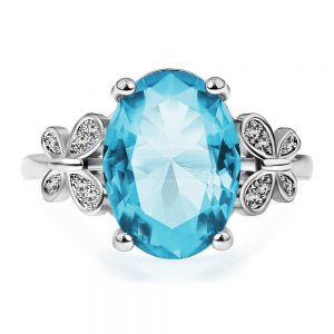 Oversized Sea Blue Zircon Ladies' Bow Ring - Elegant and Simple Design