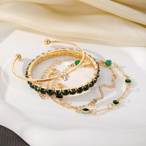 Elegant Green Grandmother Diamond Stretch Bracelet Set for Women - 4 Pieces