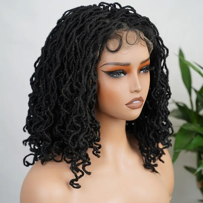 4x4 Lace Front Braided Wig - 14 Inch Curly Mini Faux Locs in Ombre Brown & Blonde - Shoulder Length Synthetic Wig for Women - Image 2