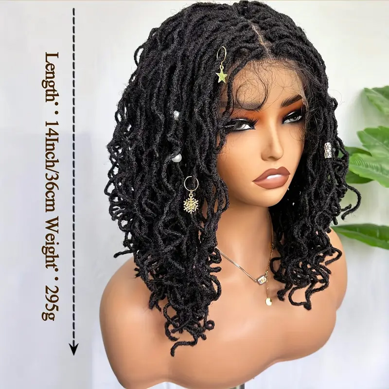 4x4 Lace Front Braided Wig - 14 Inch Curly Mini Faux Locs in Ombre Brown & Blonde - Shoulder Length Synthetic Wig for Women - Image 3