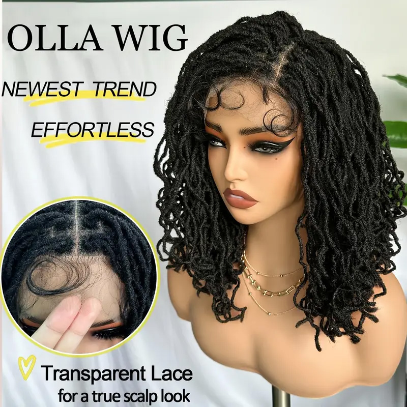 4x4 Lace Front Braided Wig - 14 Inch Curly Mini Faux Locs in Ombre Brown & Blonde - Shoulder Length Synthetic Wig for Women - Image 4