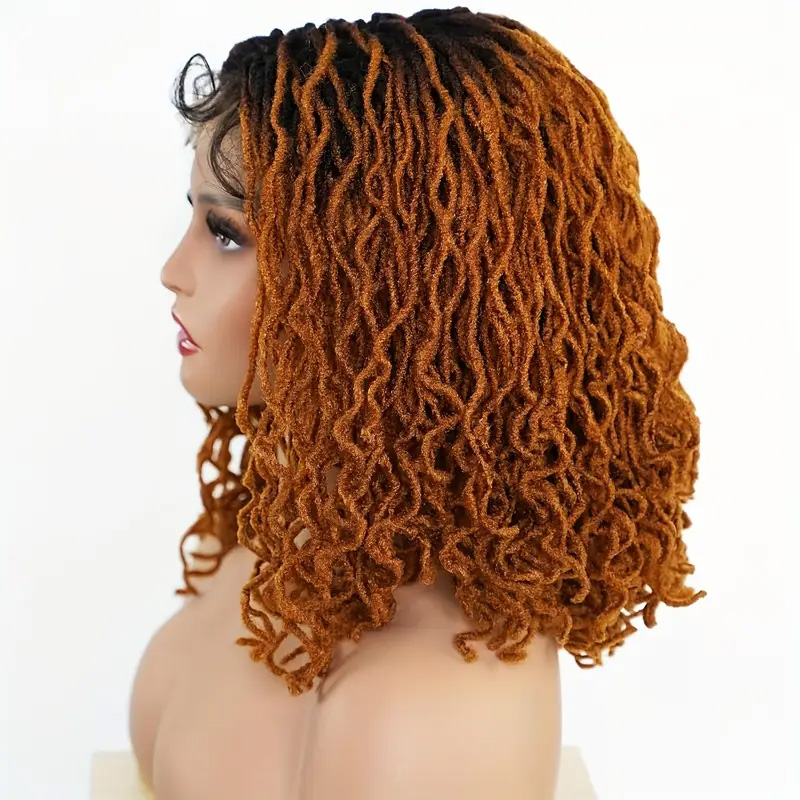 4x4 Lace Front Braided Wig - 14 Inch Curly Mini Faux Locs in Ombre Brown & Blonde - Shoulder Length Synthetic Wig for Women - Image 6