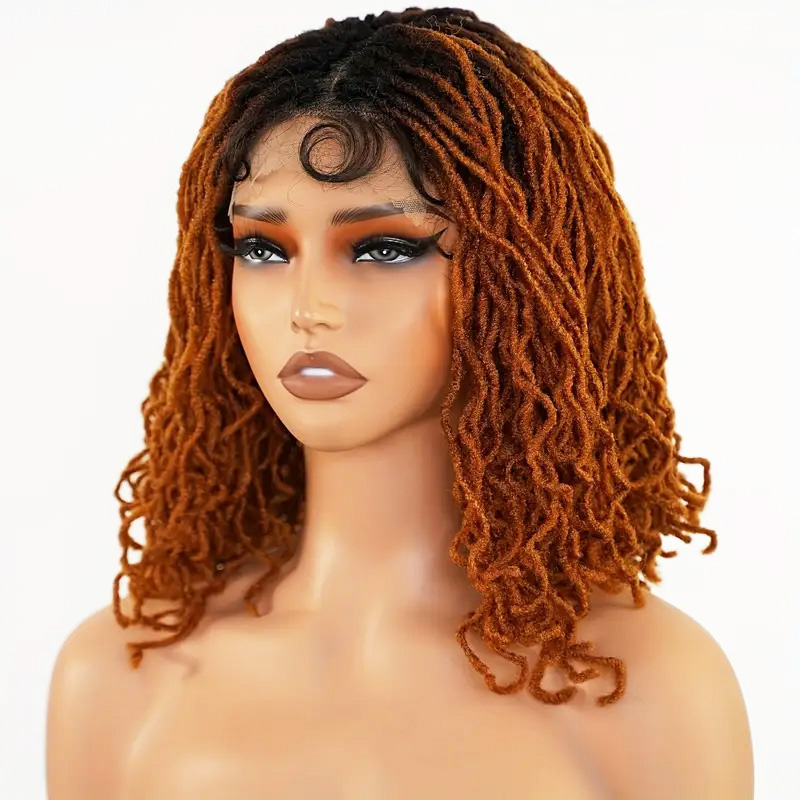 4x4 Lace Front Braided Wig - 14 Inch Curly Mini Faux Locs in Ombre Brown & Blonde - Shoulder Length Synthetic Wig for Women - Image 7