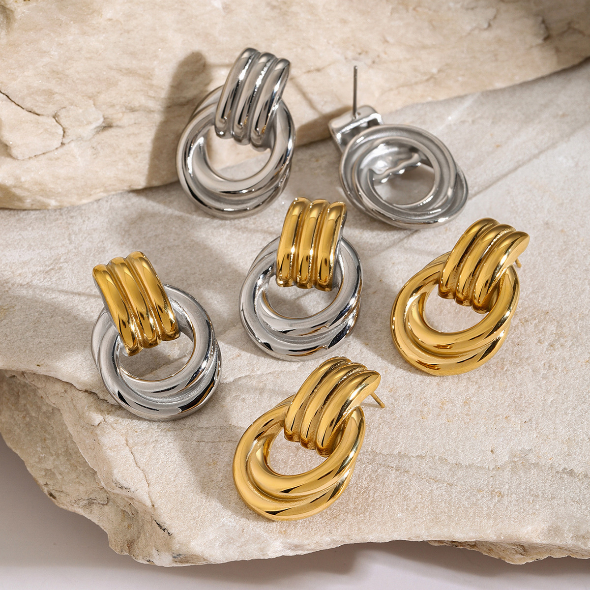 Trendy Stainless Steel Earrings with 18K Gold Winding Design - Image 3