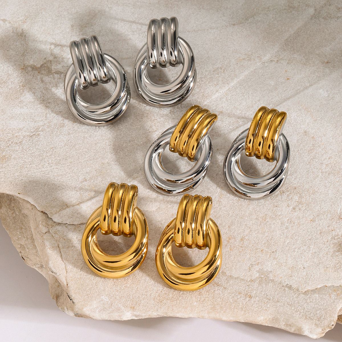 Trendy Stainless Steel Earrings with 18K Gold Winding Design - Image 4