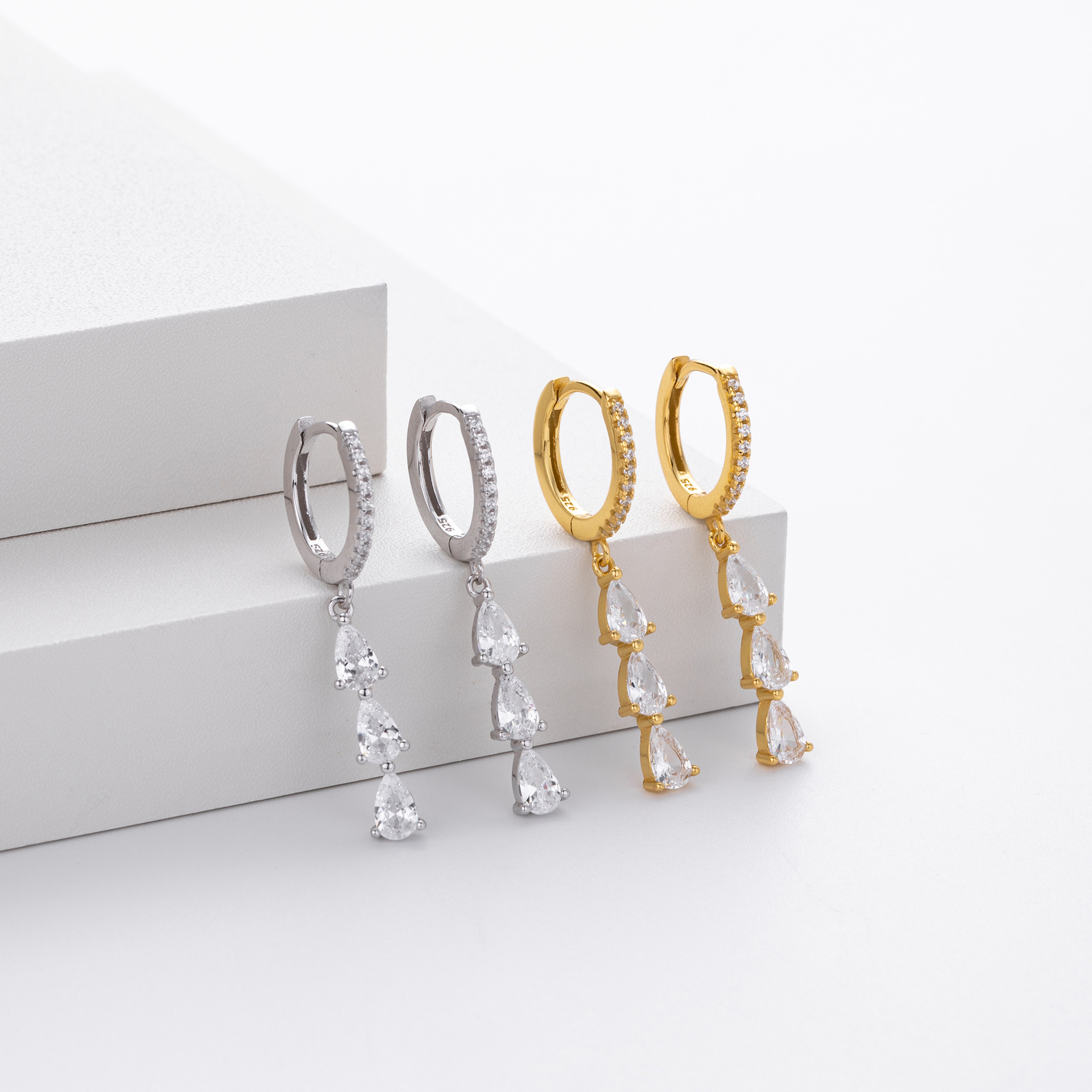 S925 Sterling Silver Water Drop Earrings with Inlaid Zircon Design