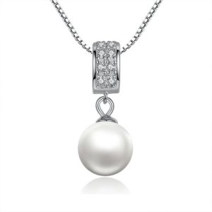 925 Sterling Silver Long Chain Simulated Pearl Pendant Necklace - Elegant Wedding Jewelry
