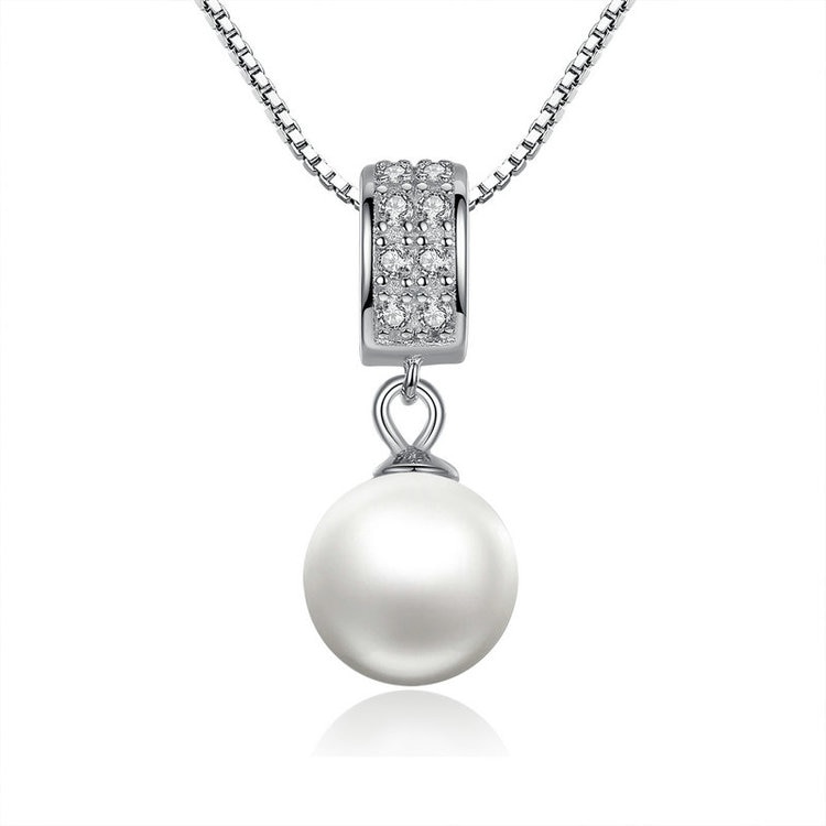 925 Sterling Silver Long Chain Simulated Pearl Pendant Necklace - Elegant Wedding Jewelry