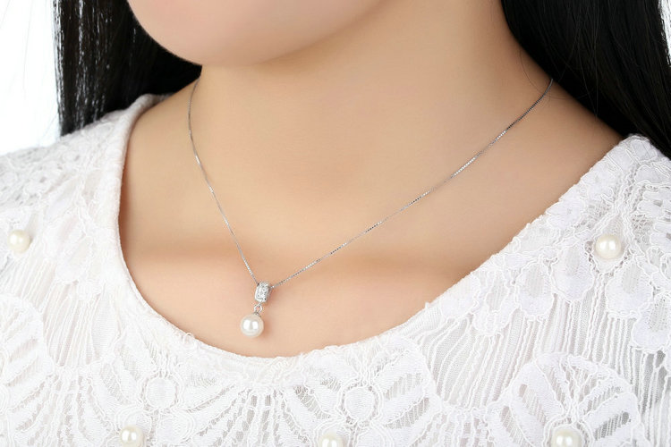 925 Sterling Silver Long Chain Simulated Pearl Pendant Necklace - Elegant Wedding Jewelry - Image 2
