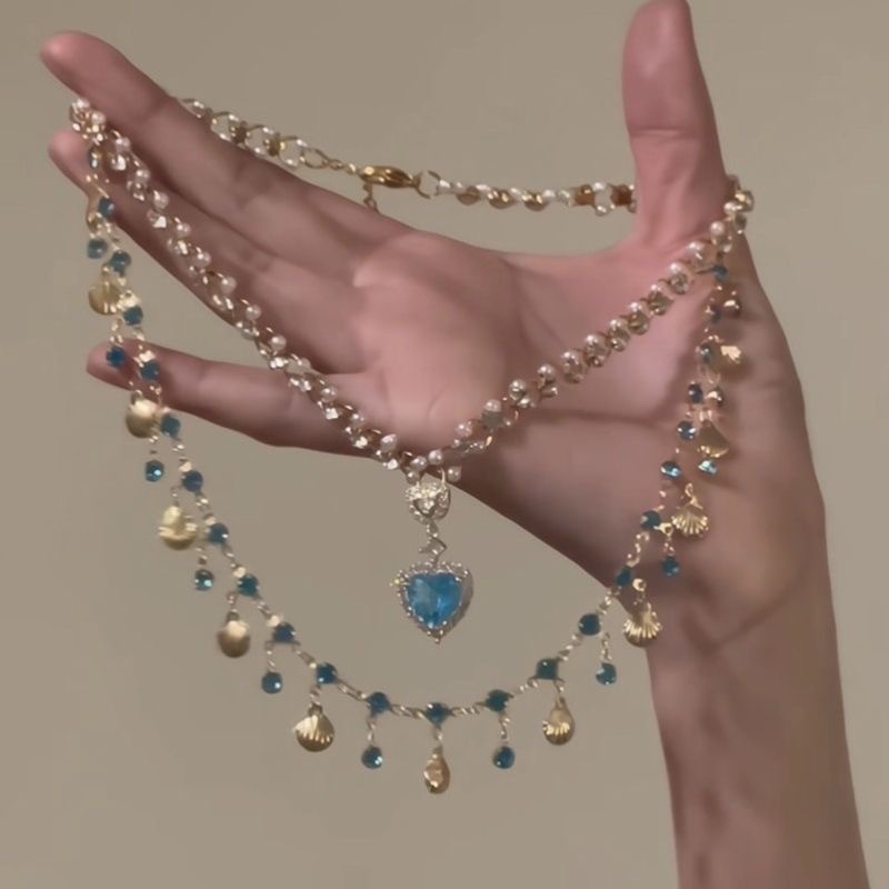 Vintage Shell Aquamarine Zircon Tassel Necklace - Elegant Clavicle Chain - Image 2