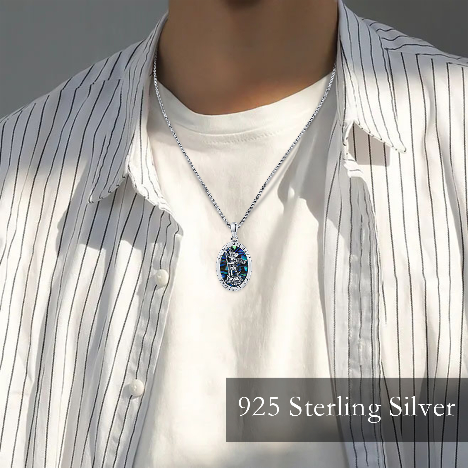 Saint Michael Pendant Necklace in 925 Sterling Silver with Abalone Shell - Image 2