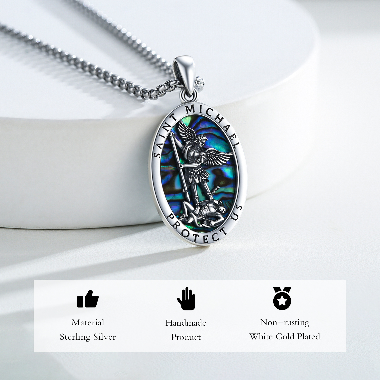 Saint Michael Pendant Necklace in 925 Sterling Silver with Abalone Shell - Image 3