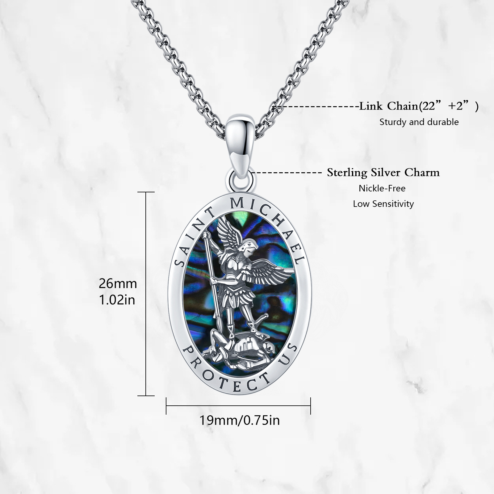 Saint Michael Pendant Necklace in 925 Sterling Silver with Abalone Shell - Image 4