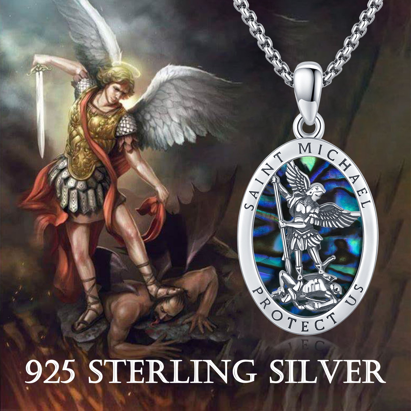 Saint Michael Pendant Necklace in 925 Sterling Silver with Abalone Shell - Image 5