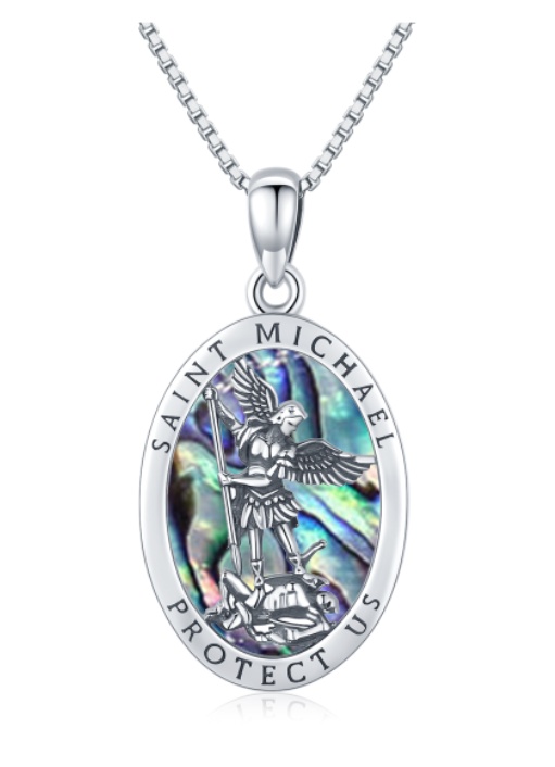 Saint Michael Pendant Necklace in 925 Sterling Silver with Abalone Shell - Image 7