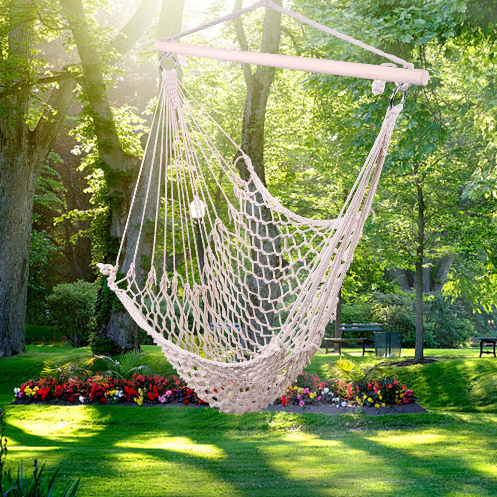 Set of Two Beige Cotton Rope Hanging Chairs for Stylish Relaxation - Image 16