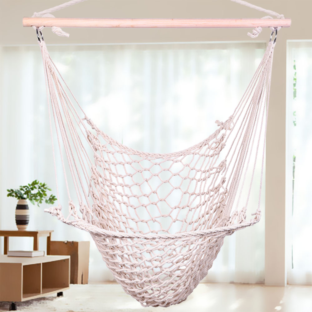 Set of Two Beige Cotton Rope Hanging Chairs for Stylish Relaxation - Image 25