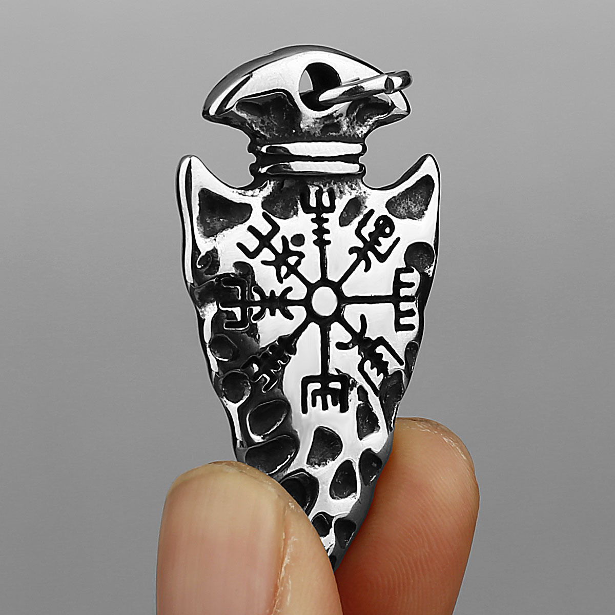 Asgard Handcrafted Stainless Steel Nordic Spear Head Pendant Featuring Helm of Terror - Image 2