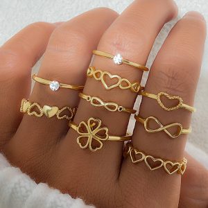 Gold Color Heart Ring Set - 9 Vintage Hollow Geometric Butterfly Finger Rings for Women - Fashion Jewelry Accessories Gift