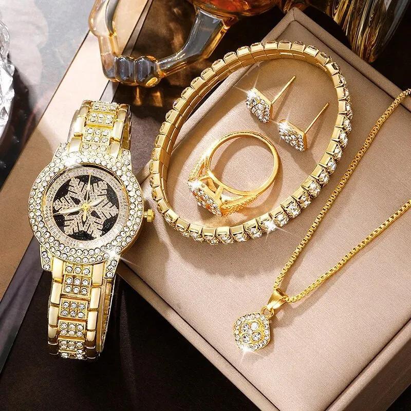 Luxury Snowflake Pattern Watch with Full Rhinestone Jewelry - Five-Piece Set