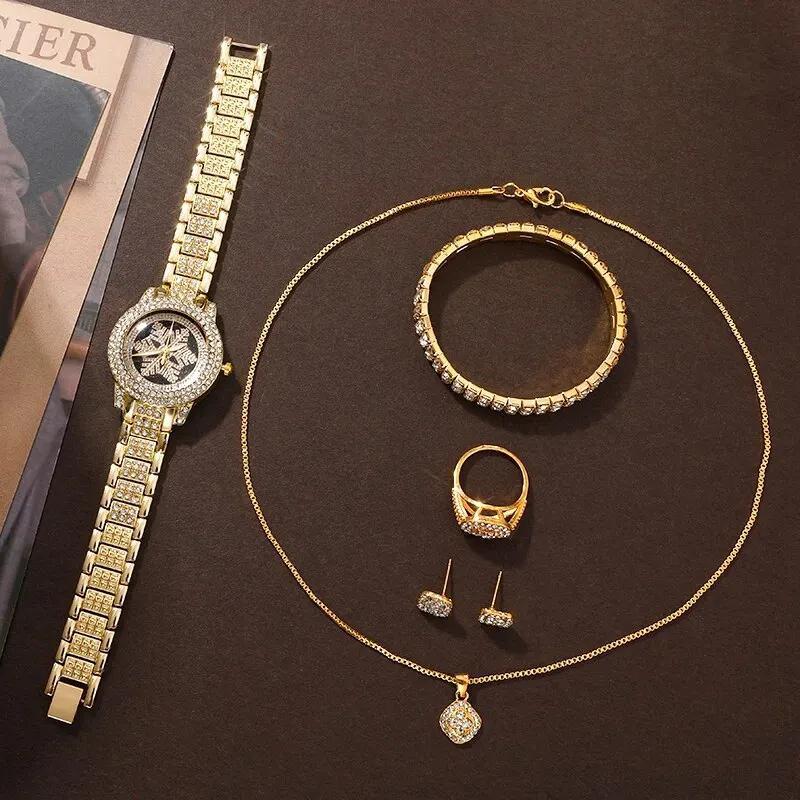 Luxury Snowflake Pattern Watch with Full Rhinestone Jewelry - Five-Piece Set - Image 4