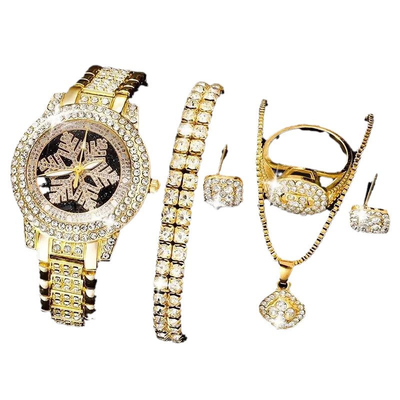 Luxury Snowflake Pattern Watch with Full Rhinestone Jewelry - Five-Piece Set - Image 5