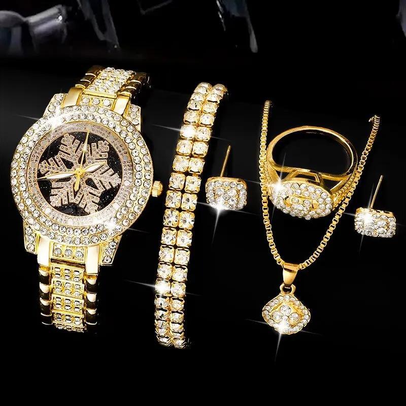 Luxury Snowflake Pattern Watch with Full Rhinestone Jewelry - Five-Piece Set - Image 6