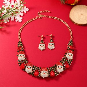 3pcs Christmas Jewelry Set: Fashionable Shiny Santa Claus Necklace & Rhinestone Earrings for Women