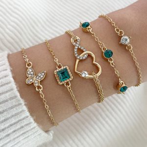 Bohemian 5pc Green Crystal Bracelet Jewelry Set for Women - Heart & Engagement Bracelets - Stylish Wedding Jewelry