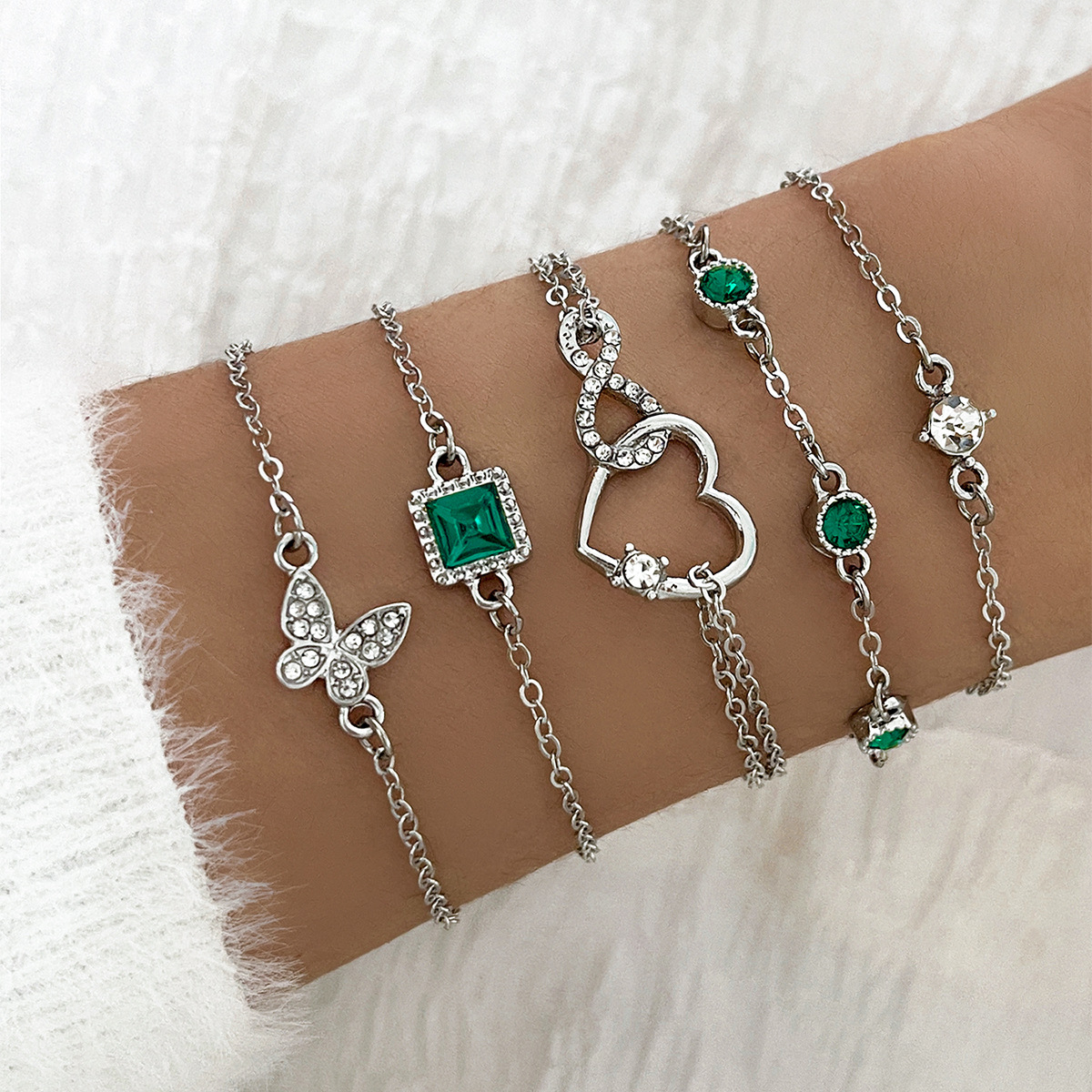 Bohemian 5pc Green Crystal Bracelet Jewelry Set for Women - Heart & Engagement Bracelets - Stylish Wedding Jewelry - Image 2