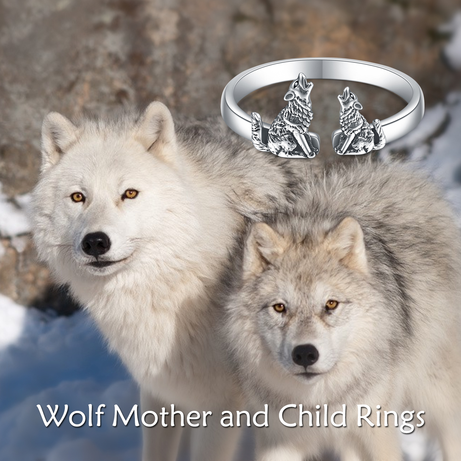 Sterling Silver Adjustable Wolf Rings for Mother and Child - Open Size Design - Image 5
